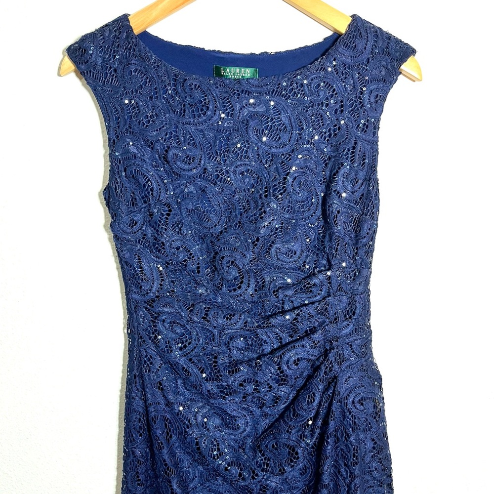 Ralph Lauren Midnight Blue Lace Midi Dress sz 4 ruched sheath stretch womens - Picture 4 of 7